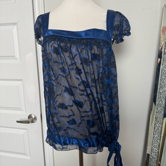 Y2K Blue Floral Women's Top L coquette whimsigoth glam fairy - Picture 3 of 8